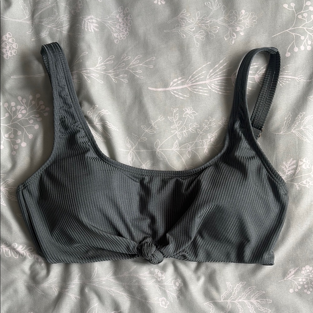 Green Twist Tie Front Ribbed Bikini Top